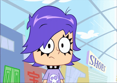 Cartoon Character With Purple Hair in Front of Shoes Sign