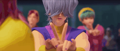 Cartoon Character With Purple Hair Making Peace Sign GIF
