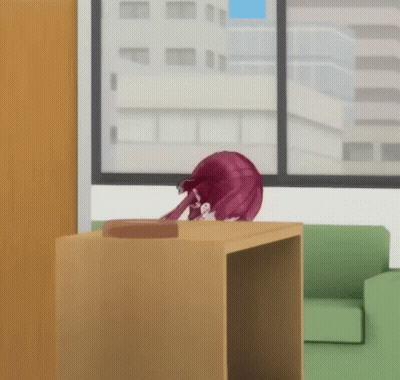 Cartoon Character With Purple Hair Sitting At Table In Front Of Window GIF