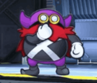 Cartoon Character With Purple Hat And Red Cape Standing On Blue Surface GIF