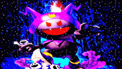 Cartoon Character With Purple Hat And Red Eyes Standing In Snow GIF