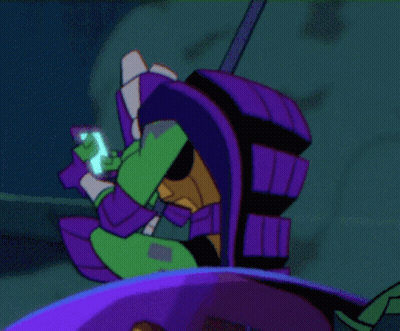 Cartoon Character With Purple Helmet Looking At Phone GIF