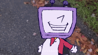 Cartoon Character With Purple Television Head GIF