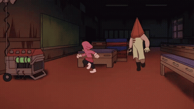 Cartoon Character With Pyramid Head Holding Sword GIF