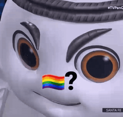 Cartoon Character With Rainbow Flag In Mouth And Question Mark GIF