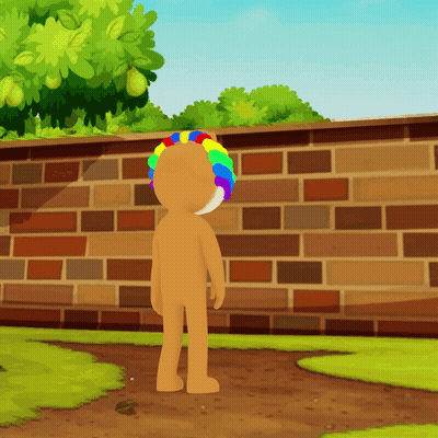 Cartoon Character With Rainbow Wig In Front Of Brick Wall GIF