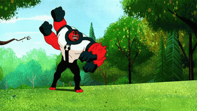 Cartoon Character With Red And Black Arms In Field GIF