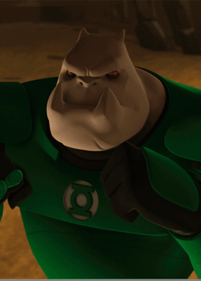 Cartoon Character With Red Eyes And Green Lantern Symbol GIF