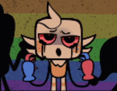 Cartoon Character With Red Eyes And Horn Holding Gloves GIF