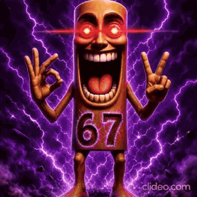 Cartoon Character With Red Eyes And Number 67 Giving Peace Sign GIF