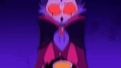 Cartoon Character With Red Eyes And Purple Cape Holding Cup GIF