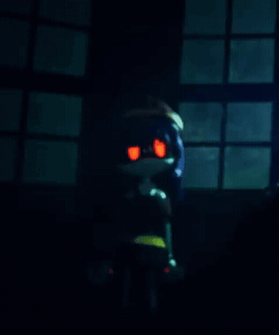 Cartoon Character With Red Eyes Standing In Dark In Front Of Window GIF