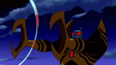 Cartoon Character With Red Eyes Surrounded By Red And Blue Spirals GIF
