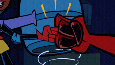 Cartoon Character With Red Fist Holding Purse GIF