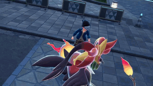 Cartoon Character With Red Flower On Head Standing On Sidewalk GIF