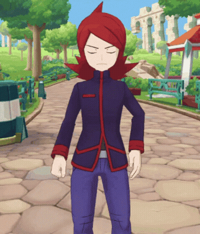 Cartoon Character With Red Hair And Blue Pants In A Park GIF