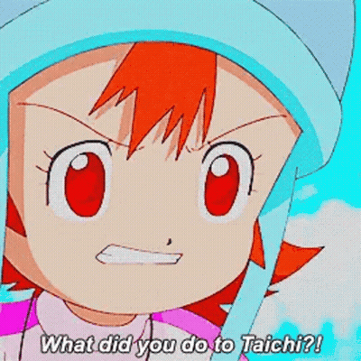 Cartoon Character With Red Hair And Hat Saying What Did You Do To Taichi GIF