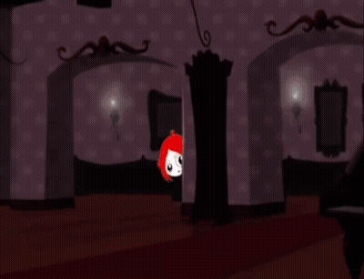 Cartoon Character With Red Hair Standing In Front Of Bookcase GIF
