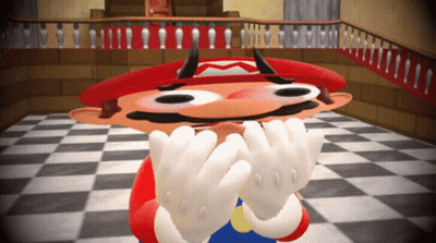 Cartoon Character With Red Hat And Horns Covering Face GIF