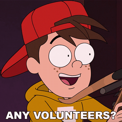Cartoon Character With Red Hat Says Any Volunteers GIF