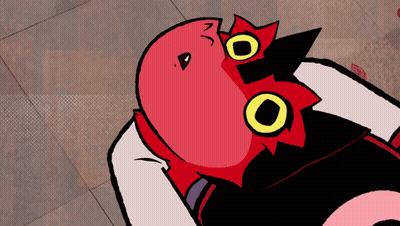 Cartoon Character With Red Head And Yellow Eyes Lying Down GIF