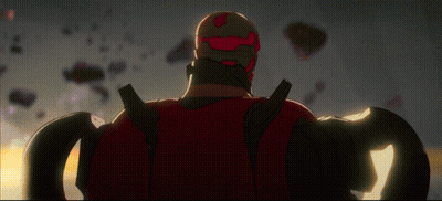 Cartoon Character With Red Helmet And Red Eyes GIF