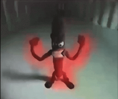 Cartoon Character With Red Light Coming From Arms In Dark Room GIF