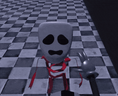 Cartoon Character With Red Ribbon On Checkered Floor GIF