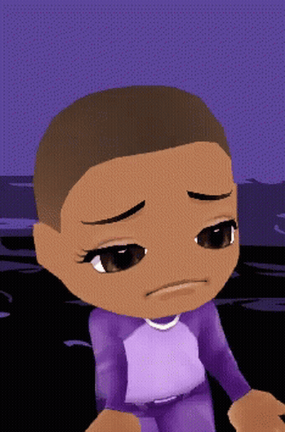 Cartoon Character With Shaved Head In Purple Outfit GIF