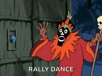 Cartoon Character With Skull Holding Cane Saying Rally Dance GIF