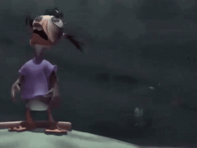 Cartoon Character With Strange Face Sitting On Bench Looking Up GIF