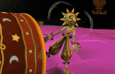 Cartoon Character With Sun On Head Standing Next To Drum GIF