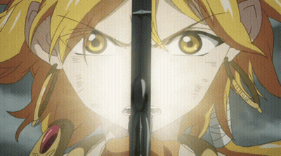 Cartoon Character With Sword In Front Of Face GIF