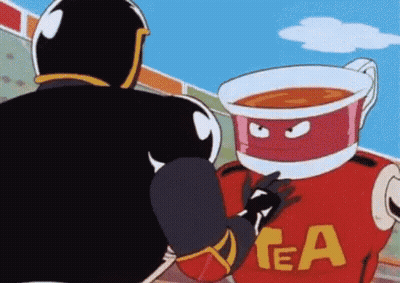 Cartoon Character With Tea Cup On Head Standing Next To Another GIF