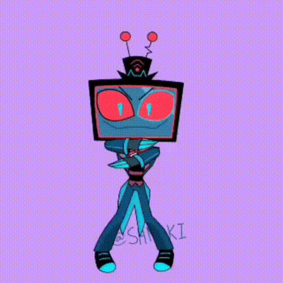 Cartoon Character With Television Head And Red Eyes Standing With Arms Outstretched GIF