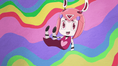 Cartoon Character With Triangle on Head Sitting on Colorful Background