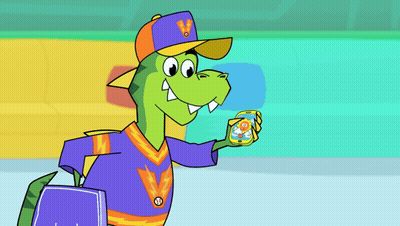 Cartoon Character With V Hat Holding Cell Phone GIF