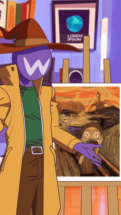 Cartoon Character With W On Head Holding Painting GIF