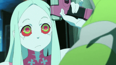 Cartoon Character With White Hair And Green Eyes Holding Pink Object GIF