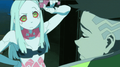 Cartoon Character With White Hair And Green Eyes Standing Next To Man GIF