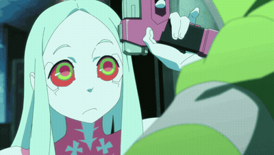 Cartoon Character With White Hair And Red Eyes Holding Gun GIF