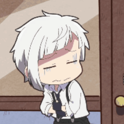 Cartoon Character With White Hair And Suspenders Standing By Door GIF