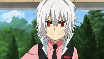 Cartoon Character With White Hair Red Eyes Pink Shirt Black Tie GIF