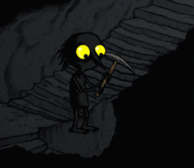 Cartoon Character With Yellow Eyes Holding Pickaxe In Dark Cave GIF