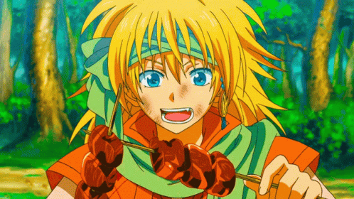 Cartoon Character With Yellow Hair Holding Skewer