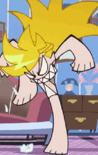 Cartoon Character With Yellow Hair Standing On One Leg GIF