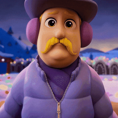 Cartoon Character With Yellow Mustache And Ear Muffs In Purple Jacket GIF