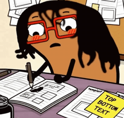 Cartoon Character Writing In Notebook With Yellow Sign Top Bottom Text GIF