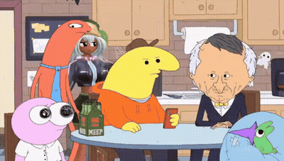Cartoon Characters Around Beer Bottle GIF
