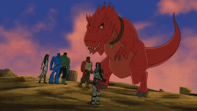 Cartoon Characters Around Red Dinosaur GIF